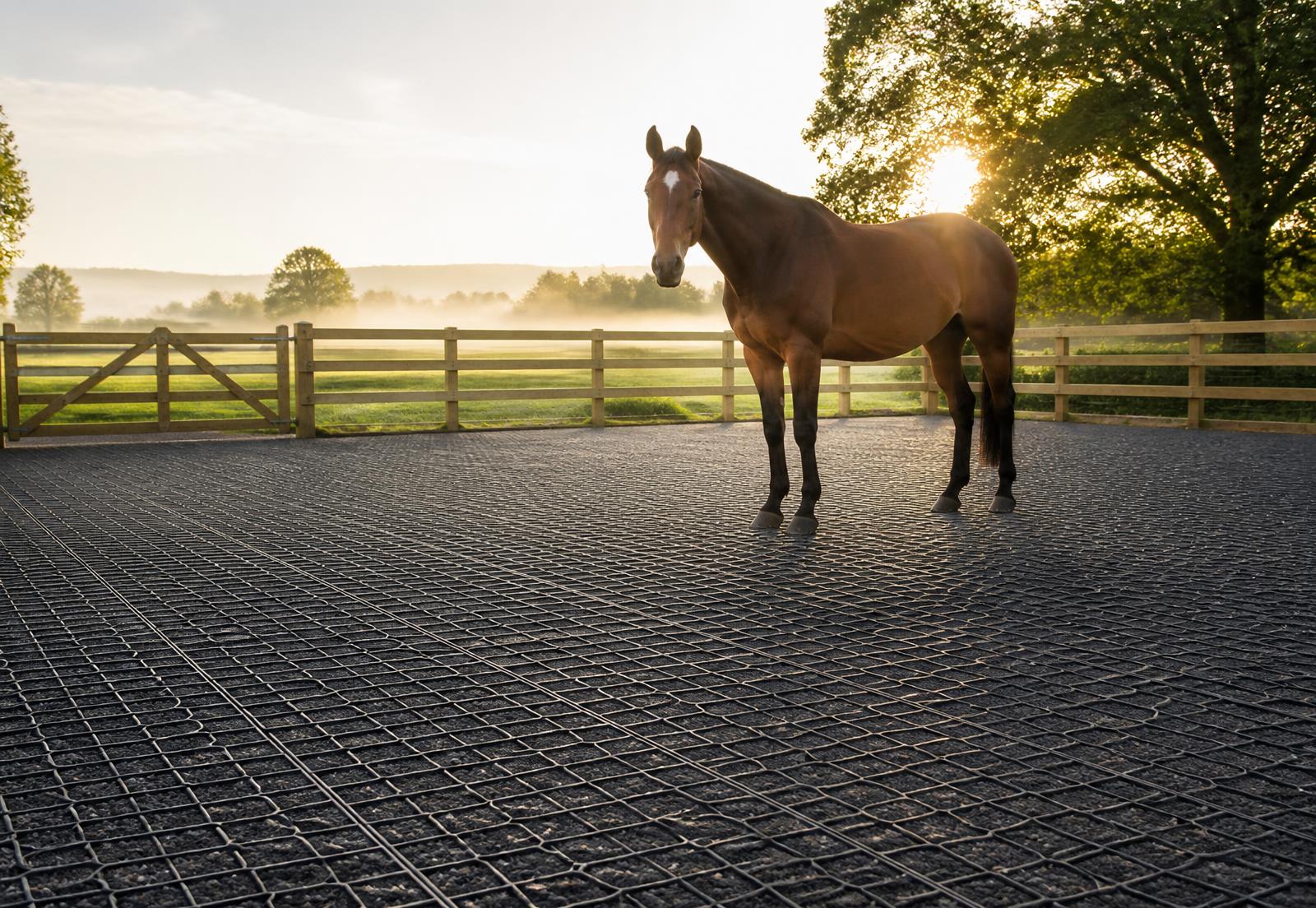 Pferd auf einem befestigten Paddock mit schwarzen Paddockplatten im Morgenlicht