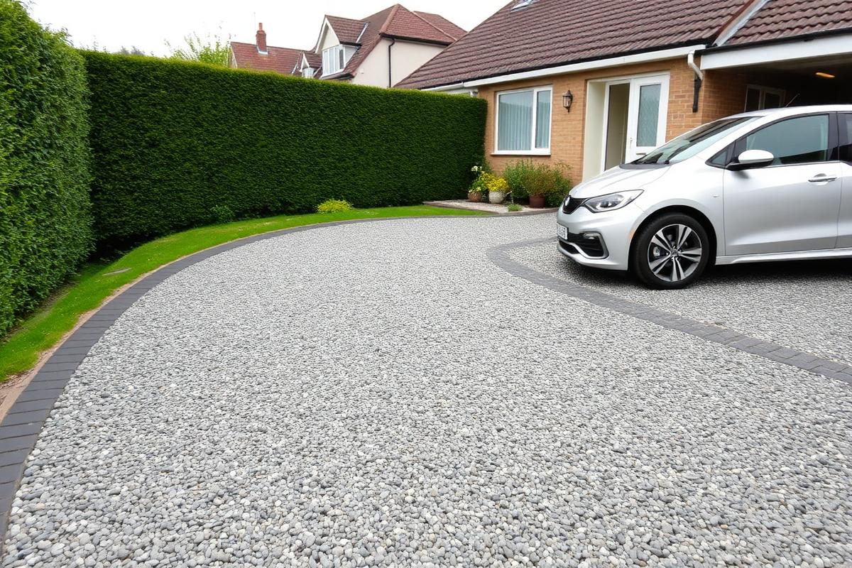 Private Einfahrt mit versickerungsfähigen Gitterplatten und Kiesfüllung, Auto daneben
